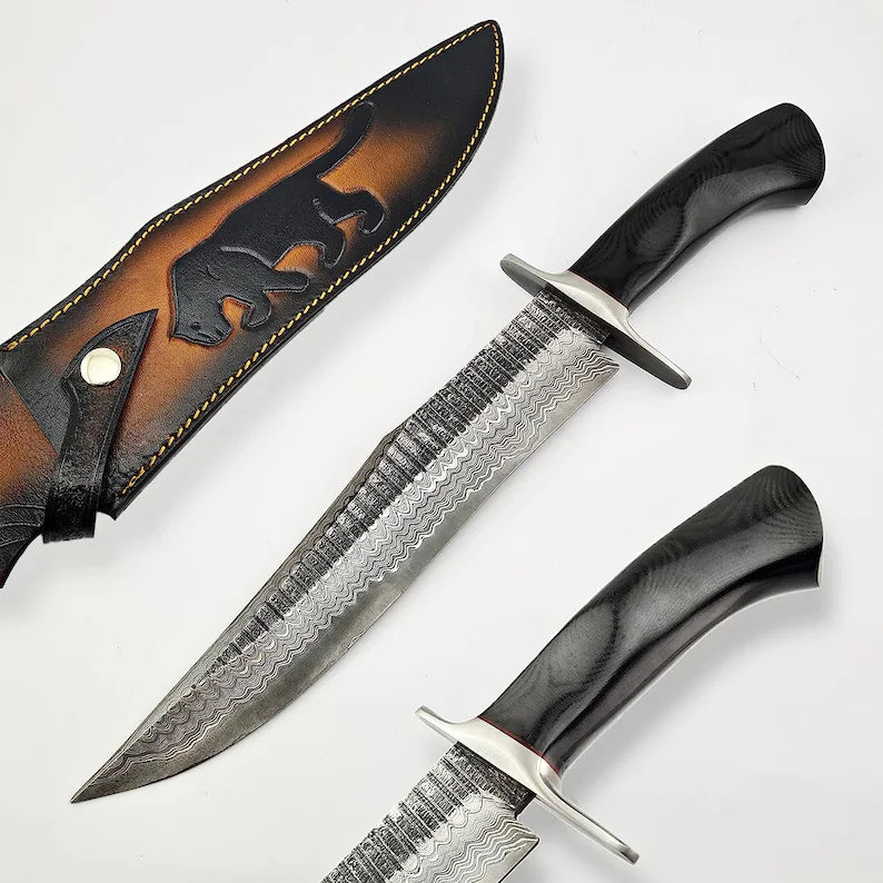 Custom Handmade Damascus Steel Bowie Knife - 13" Length, Steel Guard, Marta Sheath, with Leather Sheath