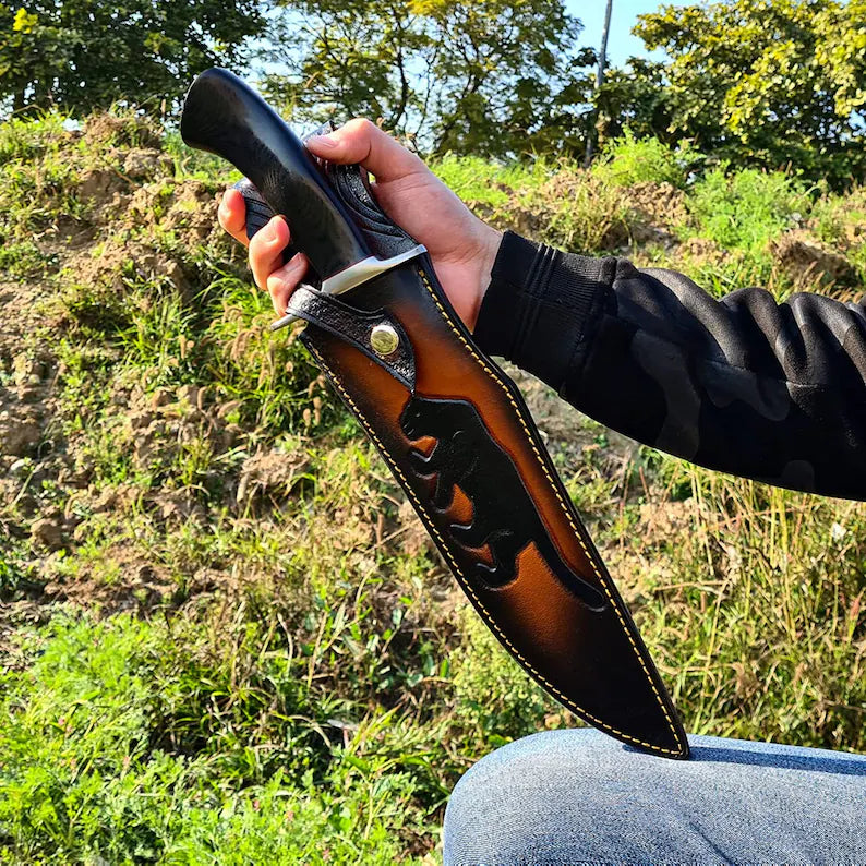 Custom Handmade Damascus Steel Bowie Knife - 13" Length, Steel Guard, Marta Sheath, with Leather Sheath