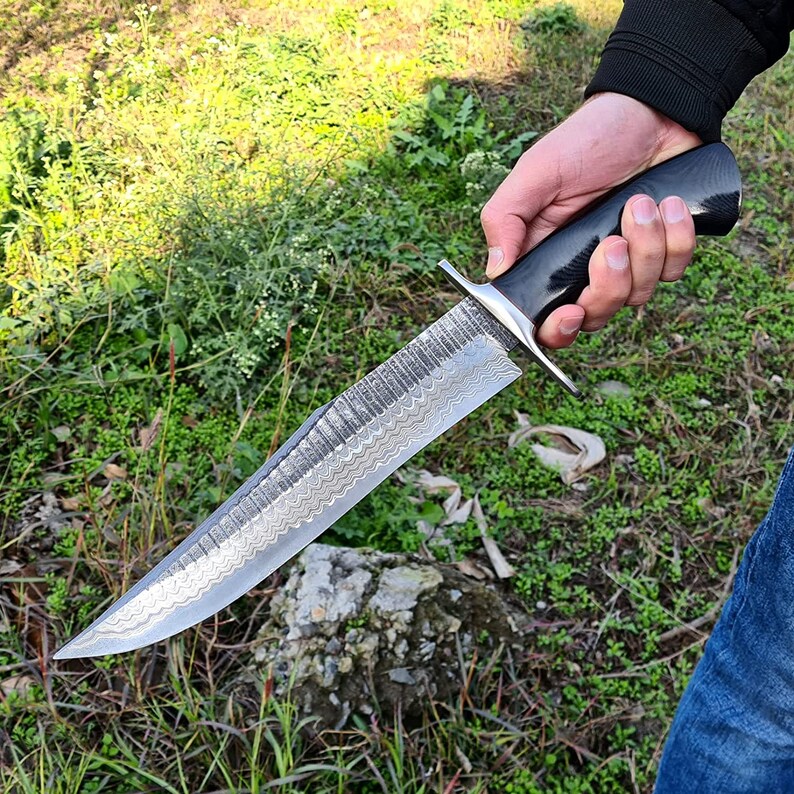 Custom Handmade Damascus Steel Bowie Knife - 13" Length, Steel Guard, Marta Sheath, with Leather Sheath