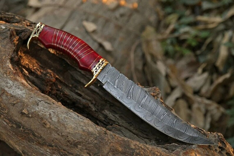 Damascus Steel Hunting Bowie Knife with Brass Guard & Pakkawood Handle – Includes Leather Sheath
