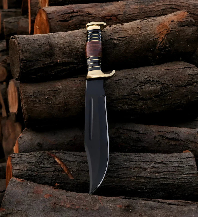 Custom Handmade J2 Steel Powder-Coated Crocodile Dundee Bowie Knife with Leather Handle, Brass Guard, and Leather Sheath