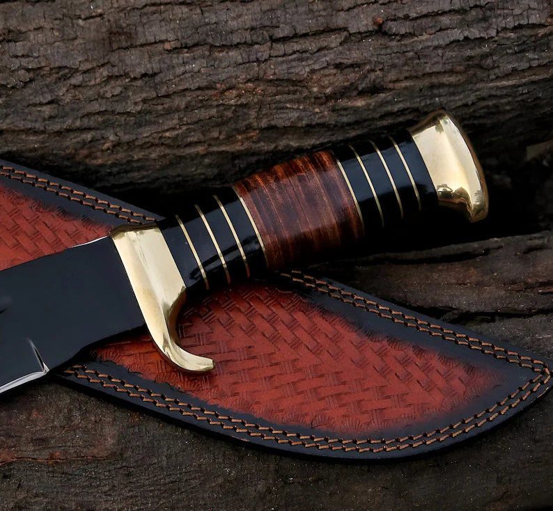 Custom Handmade J2 Steel Powder-Coated Crocodile Dundee Bowie Knife with Leather Handle, Brass Guard, and Leather Sheath
