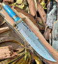 Custom Handmade Damascus Steel Bowie Knife with Leather Handle, Brass Guard, Resin Inlay, and Leather Sheath