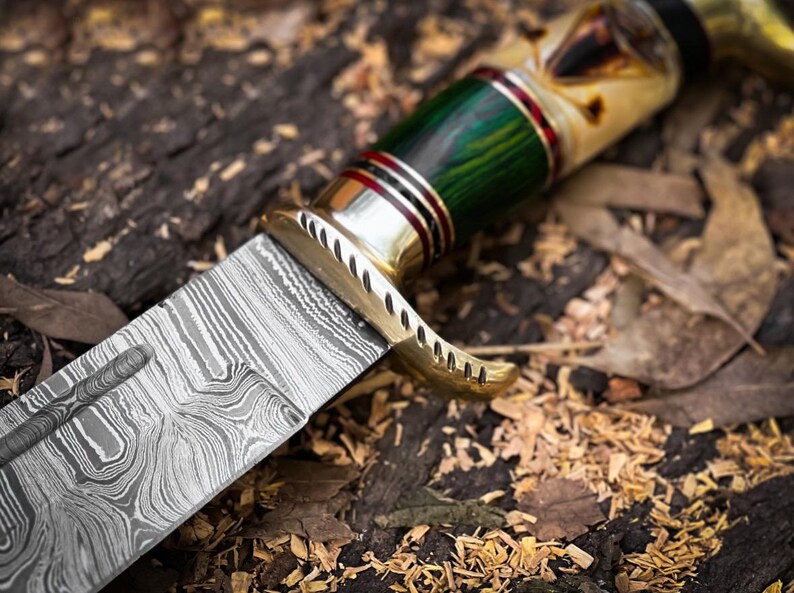 Damascus Steel Hunting Bowie Knife with Brass Guard, Camel Bone & Pakkawood Handle – Premium Leather Sheath Included