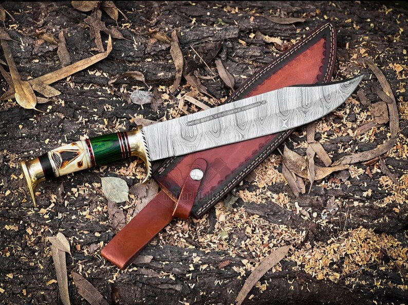 Damascus Steel Hunting Bowie Knife with Brass Guard, Camel Bone & Pakkawood Handle – Premium Leather Sheath Included