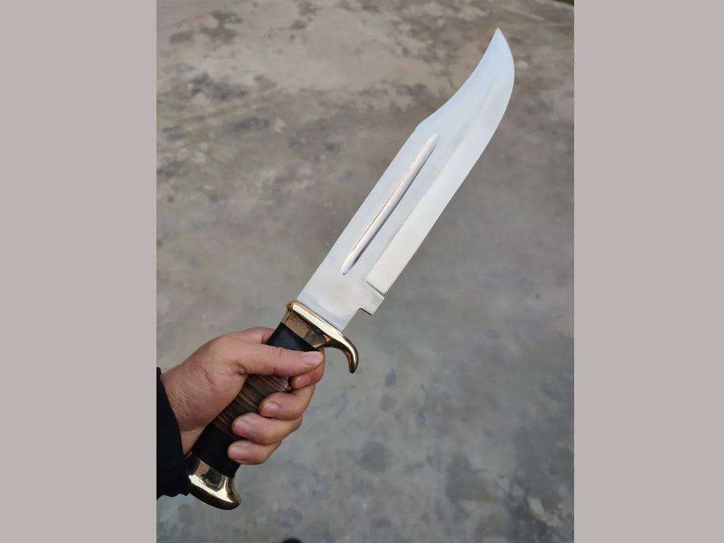 Handmade J2 Steel Crocodile Dundee Bowie Knife – 16” Survival Blade with Buffalo Horn & Leather Handle + Brass Guard & Sheath