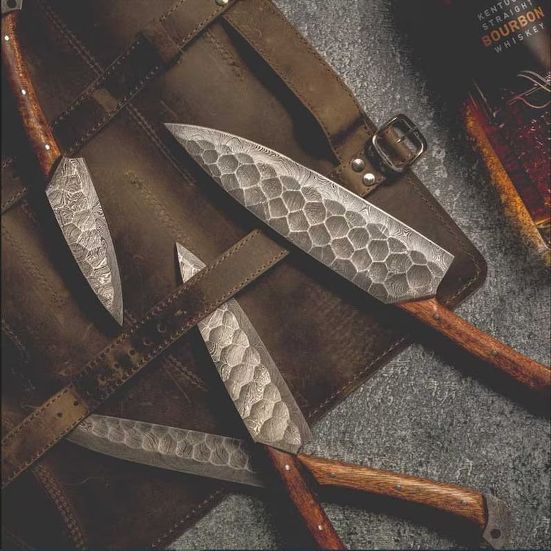 Custom Handmade Damascus Kitchen Knives Set – Rosewood Handles with Leather Roll Kit