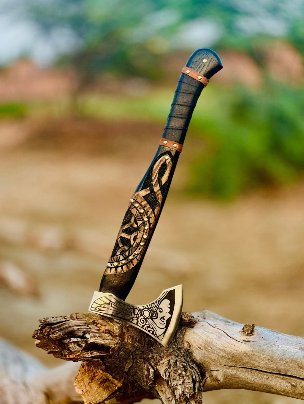 Forged steel axe with engraving, medieval Viking tomahawk,