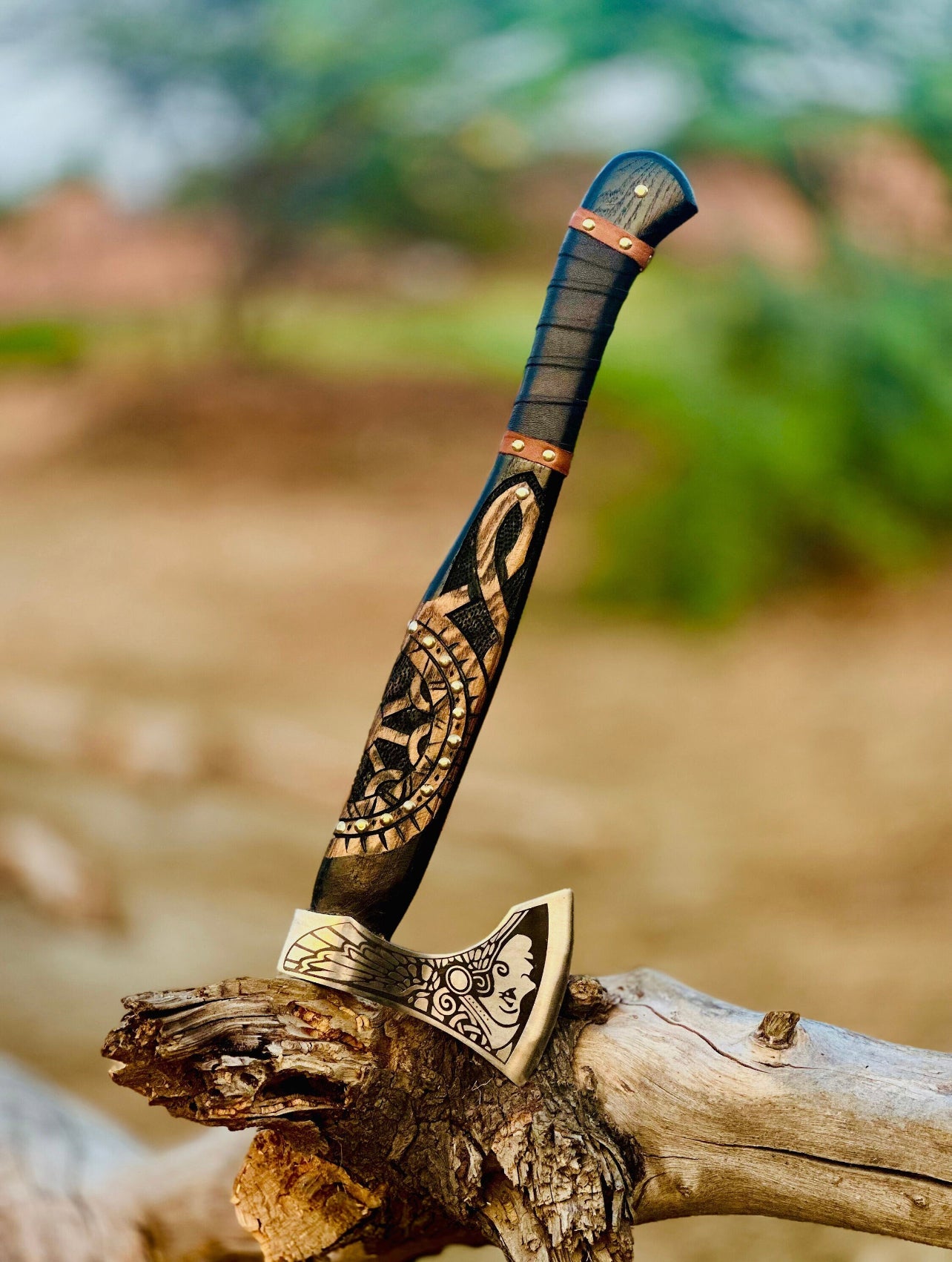 Forged steel axe with engraving, medieval Viking tomahawk,