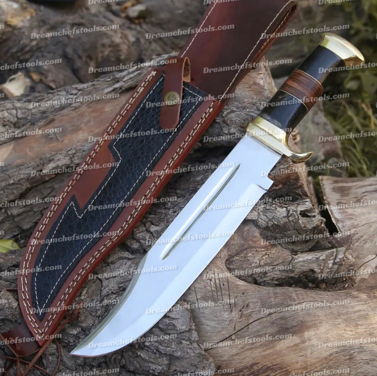 Handmade 440C Steel Crocodile Dundee Bowie Knife – Premium Brass Guard, Unique Buffalo Horn Handle, and Leather Sheath