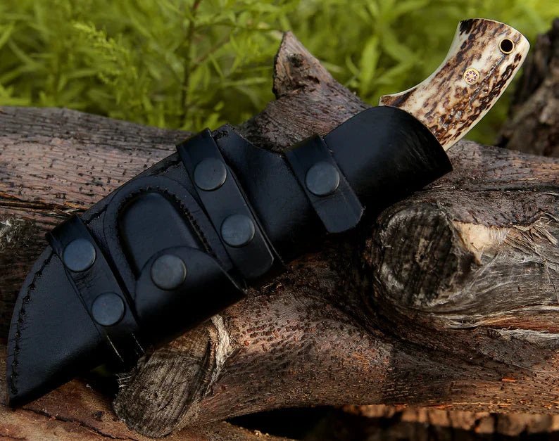 Damascus Steel Tracker Hunting Knife with stag horn handle and leather sheath