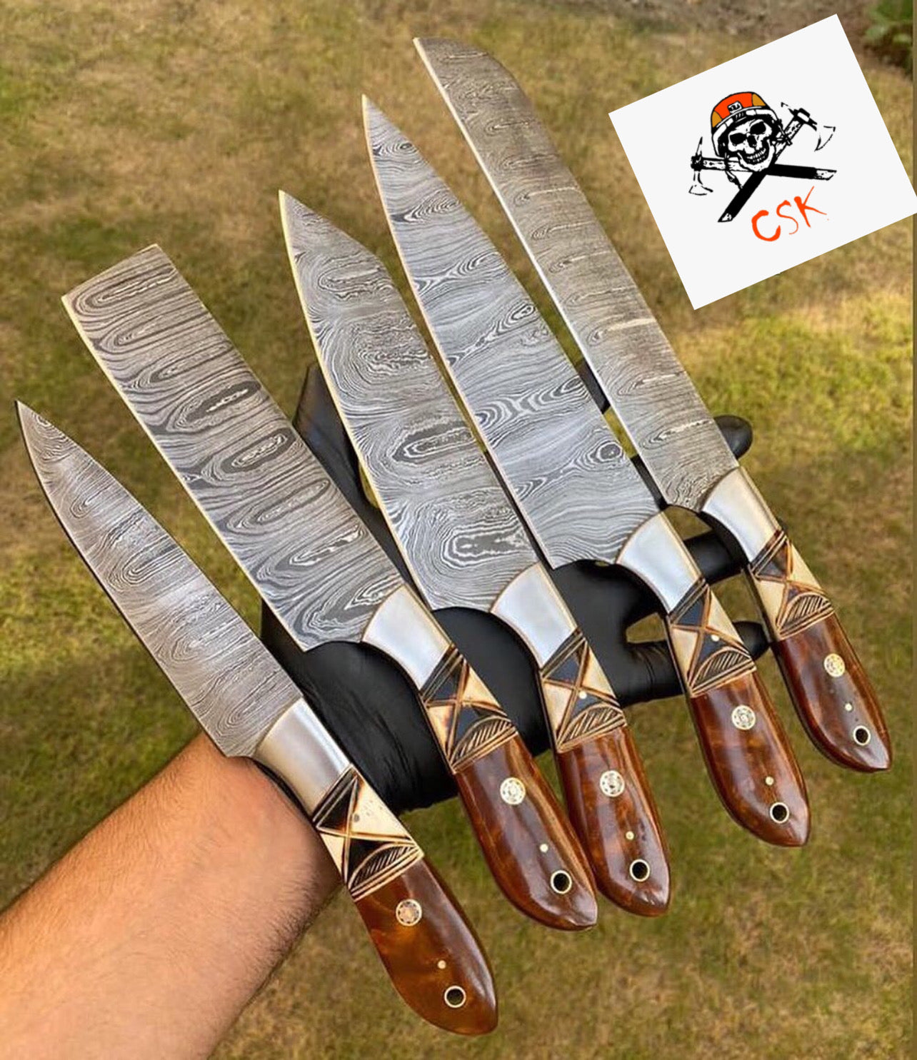 Handmade Damascus steel kitchen chef knives set