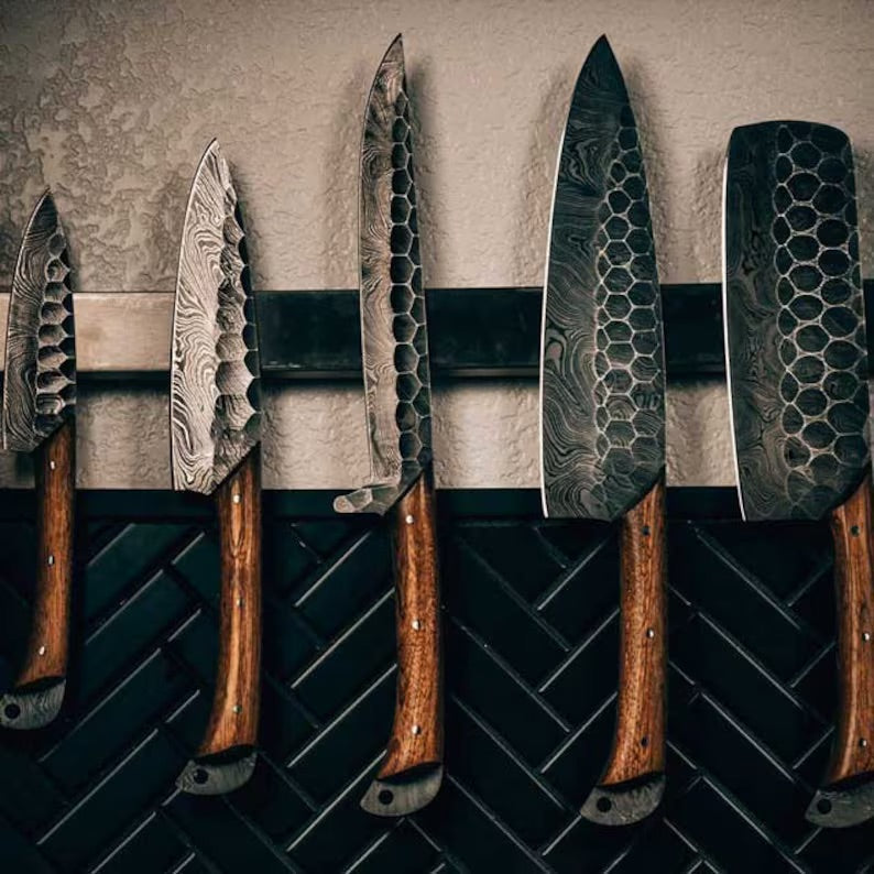 Custom Handmade Damascus Kitchen Knives Set – Rosewood Handles with Leather Roll Kit