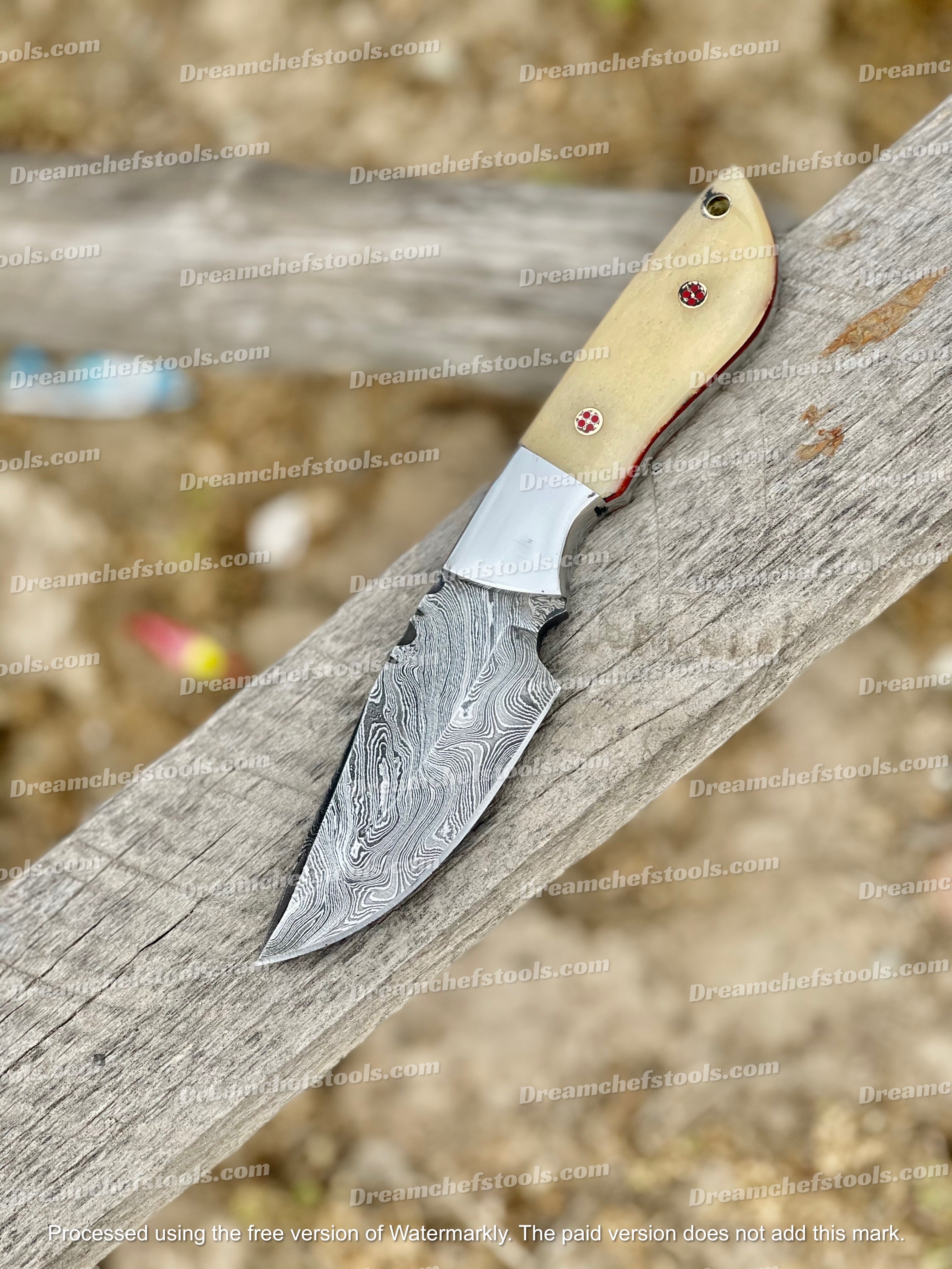 Custom Handmade Damascus Steel Skinning Knife – 8” Camel Bone Handle with Leather Sheath