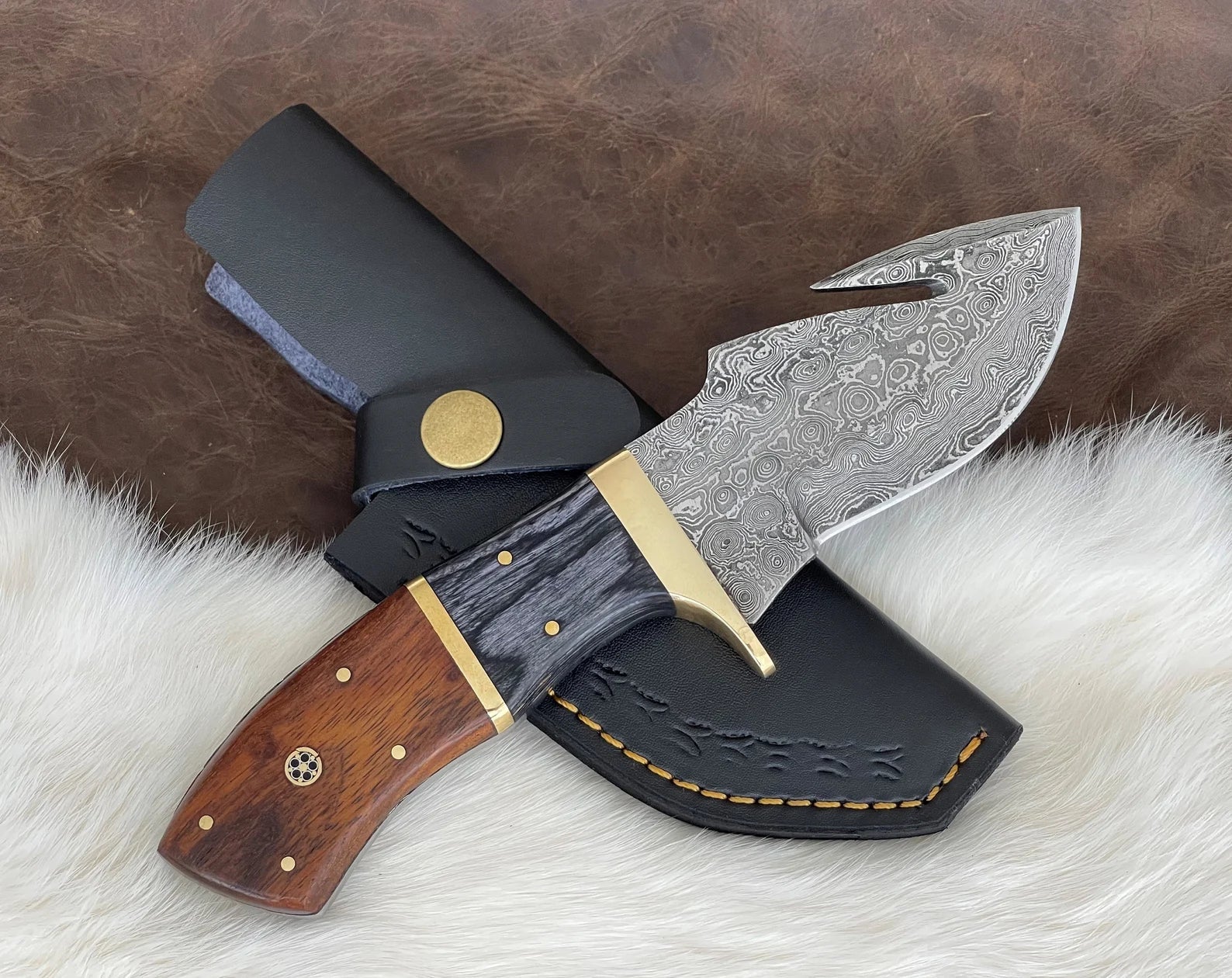 Damascus Steel Full Tang Knife, Gut Hook,