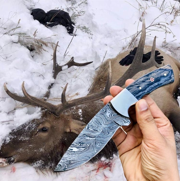 Custom Handmade Damascus Steel Hunting Skinning Knife – 9" Exotic Wood Handle with Steel Bolster & Leather Sheath