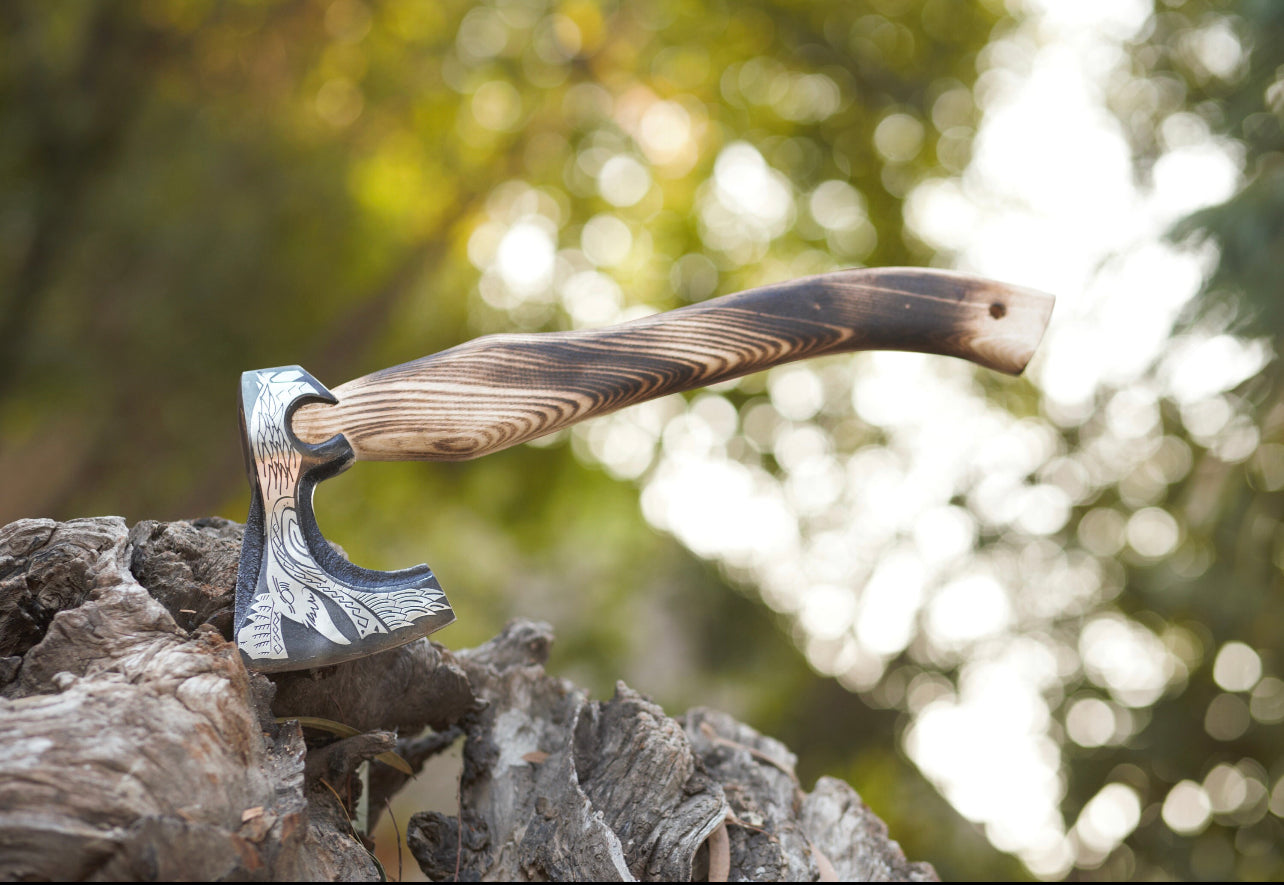 Custom Handmade Engraved Viking Axe with D2 Steel Blades & Ash Wood Handle – Includes Leather Sheath