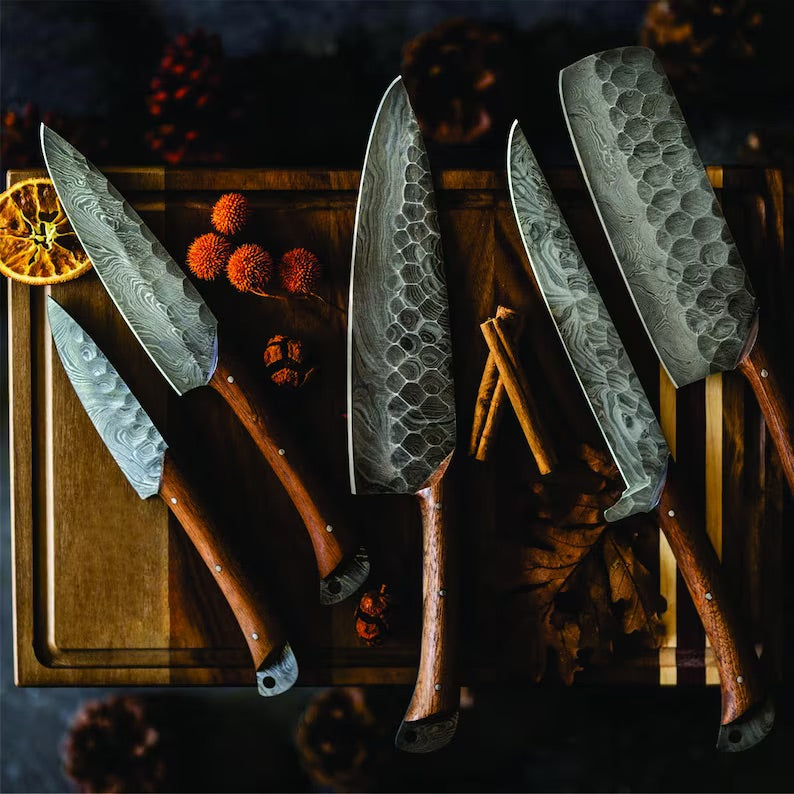 Custom Handmade Damascus Kitchen Knives Set – Rosewood Handles with Leather Roll Kit