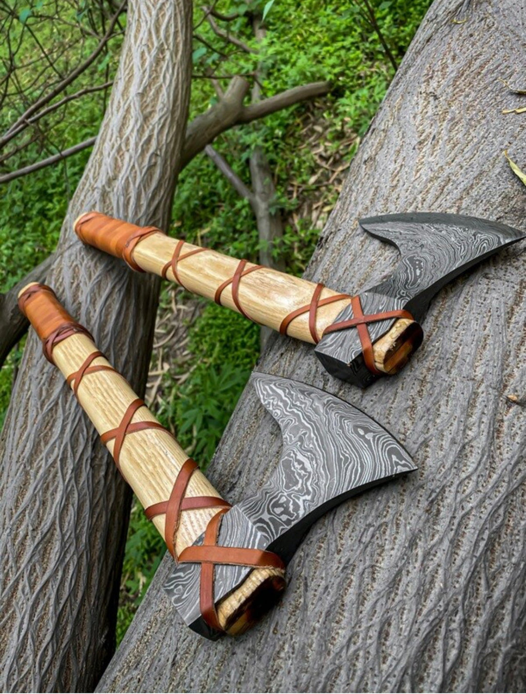 Damascus Viking Axe Pair With Ashwood Handle, Leather Wrap And Leather Sheath