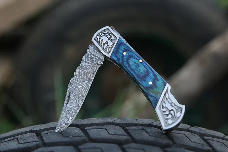 Custom Handmade Damascus Steel Pocket Knife – 7” with Engraved Bolster or Pakkawood Handle & Leather Sheath
