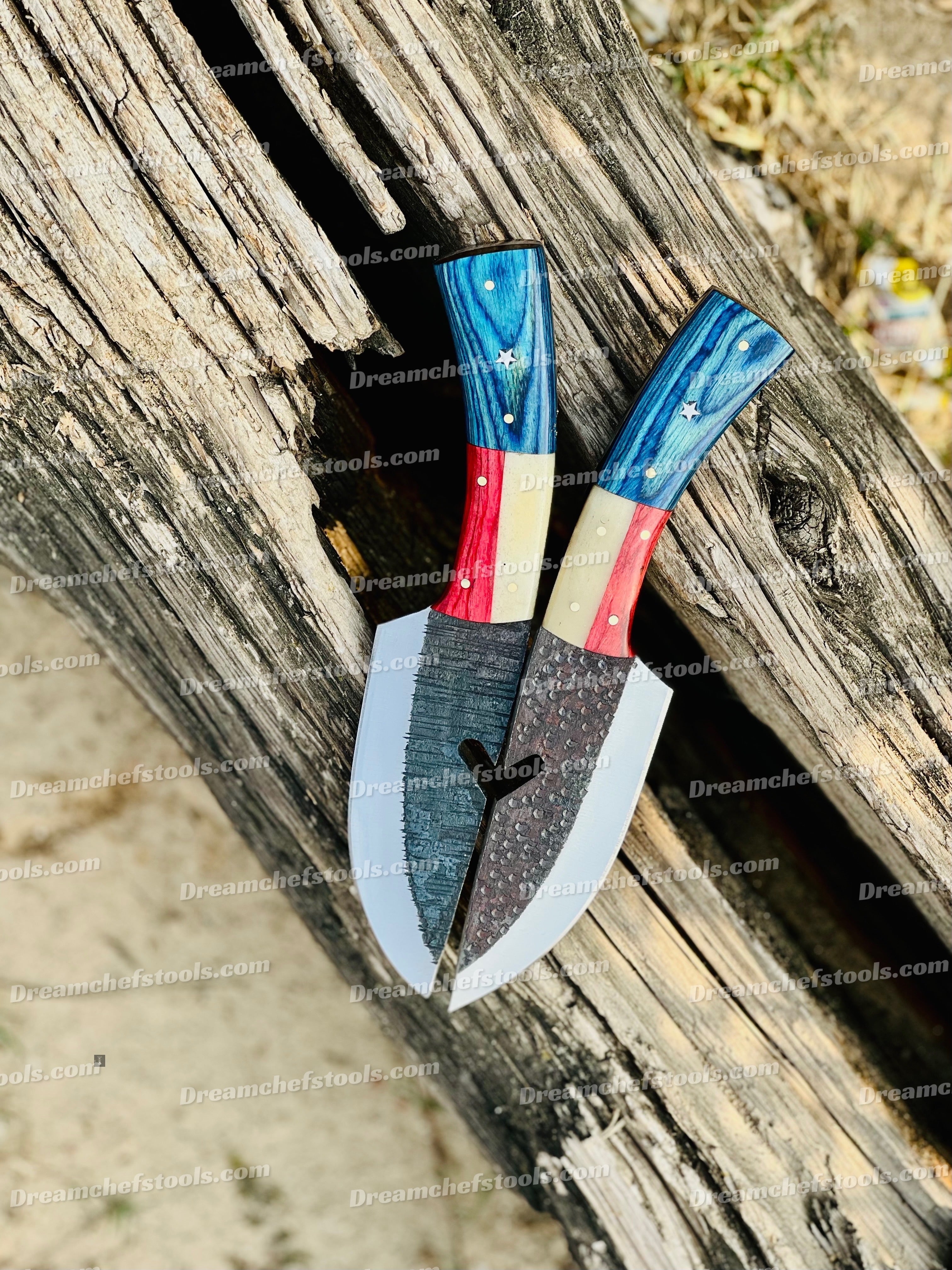 Custom Handmade D2 Steel Couple Knife – Texas Flag Handle with Leather Sheath | Patriotic Gift Edition