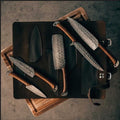 Custom Handmade Damascus Kitchen Knives Set – Rosewood Handles with Leather Roll Kit