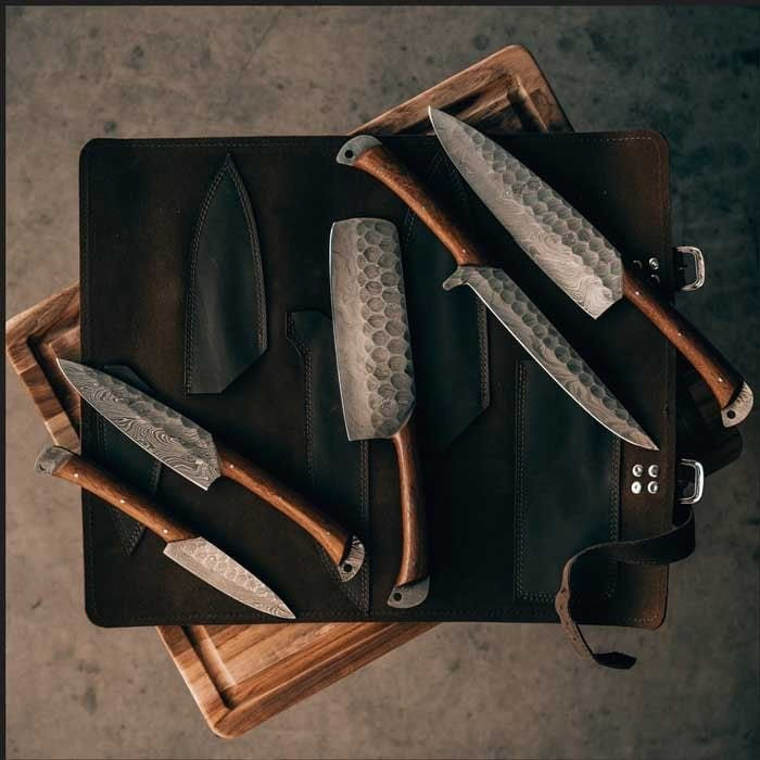 Custom Handmade Damascus Kitchen Knives Set – Rosewood Handles with Leather Roll Kit