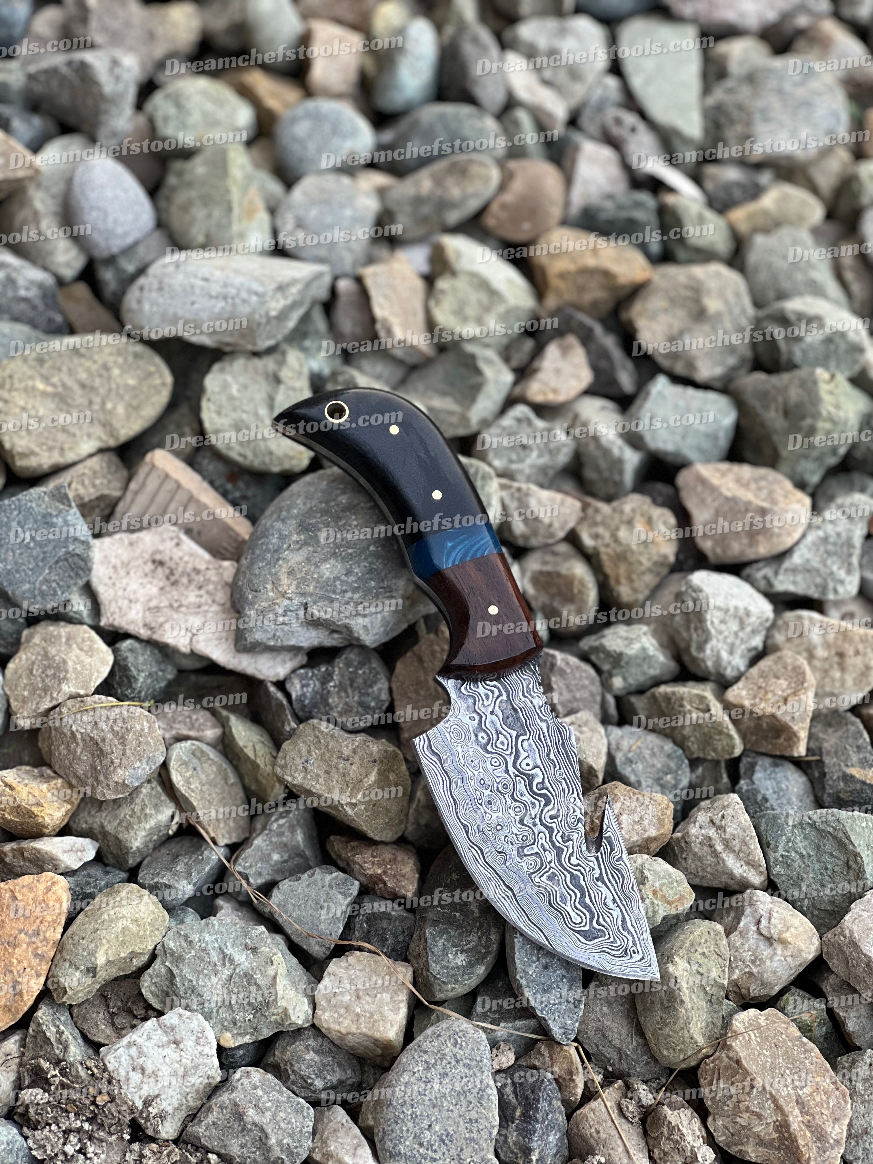 Custom handmade Damascus steel Guthook skinning knife