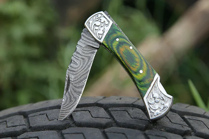 Custom Handmade Folding Pocket Knife – 7” Damascus Steel Blade with Engraved Bolster or Pakkawood Handle & Leather Sheath