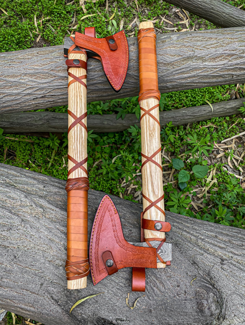 Damascus Viking Axe Pair With Ashwood Handle, Leather Wrap And Leather Sheath