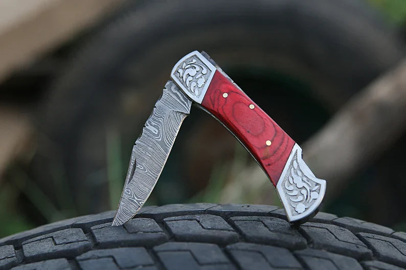 Custom Handmade Damascus Pocket Knife – 7” with Engraved Bolster or Pakkawood Handle & Leather Sheath
