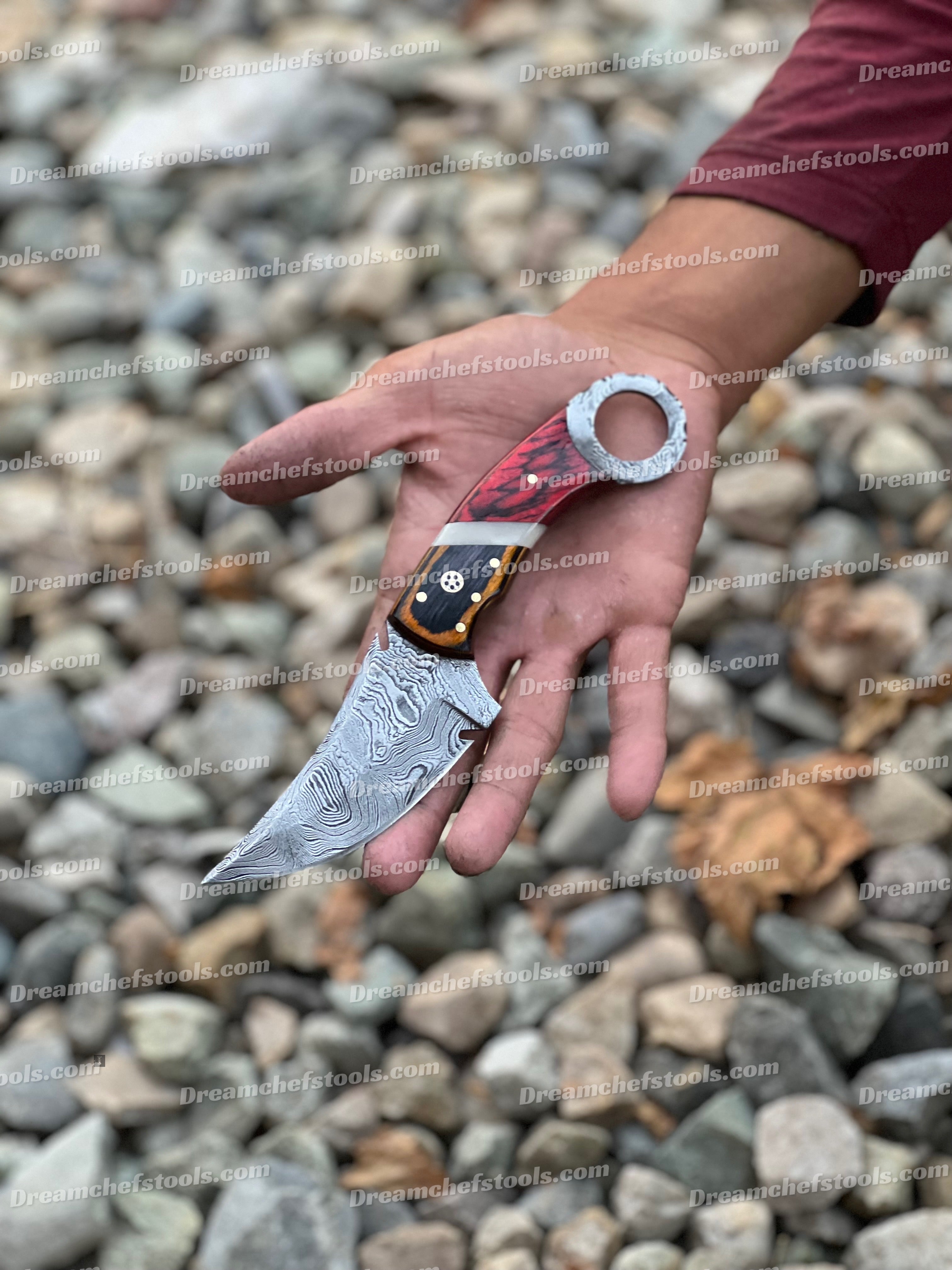 Premium Custom Handmade Damascus Steel Skinning Knife – 8” Color Wood Handle + Leather Sheath