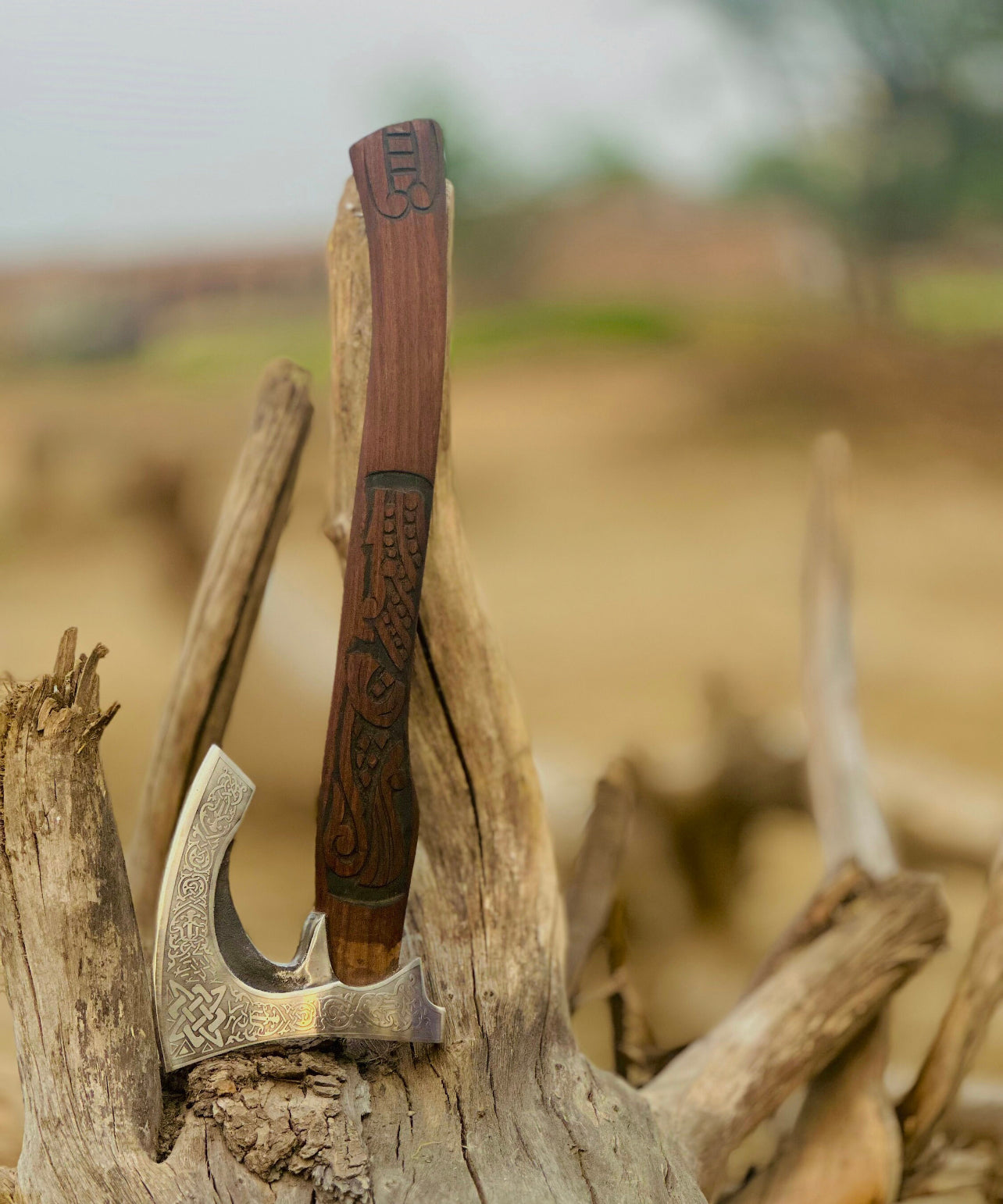 Custom Handmade Engraved Viking Axe with D2 Steel Blades & Rose Wood Handle – Includes Leather Sheath