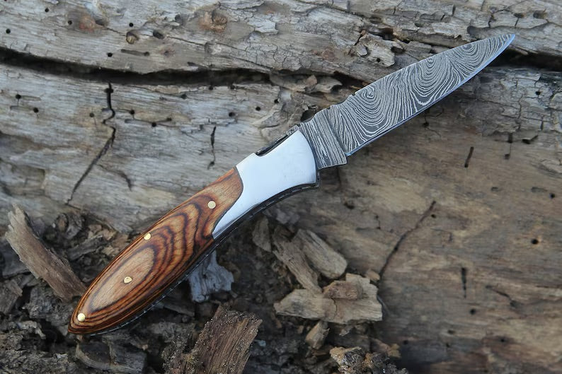 Handmade Damascus Pocket Knife With Brown Pakka Wood Handle Birthday Gift Folding Knife