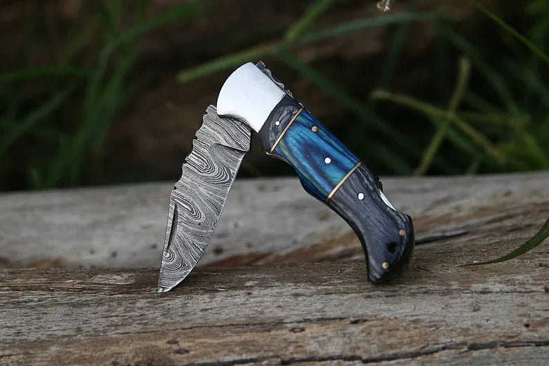 Custom Handmade Folding Knife – 7” Damascus Steel Blade with Pakka Wood Handle & Steel Bolster, Leather Sheath Included