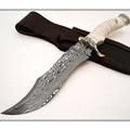 Custom Handmade Damascus Hunting Bowie Knife – Brass Guard, Camel Bone Handle, Premium Leather Sheath