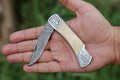 Custom Handmade Damascus Steel Pocket Knife – 7” with Engraved Bolster or Camel Bone Handle & Leather Sheath