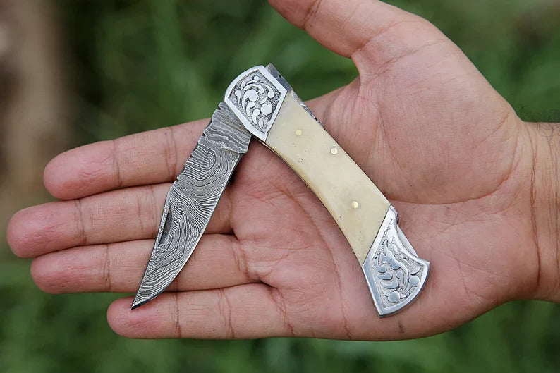 Custom Handmade Damascus Steel Pocket Knife – 7” with Engraved Bolster or Camel Bone Handle & Leather Sheath