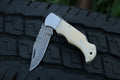 Custom Handmade Bone Handle Pocket Knife – 7” Damascus Steel Blade with Camel Bone Handle & Steel Bolster, Leather Sheath