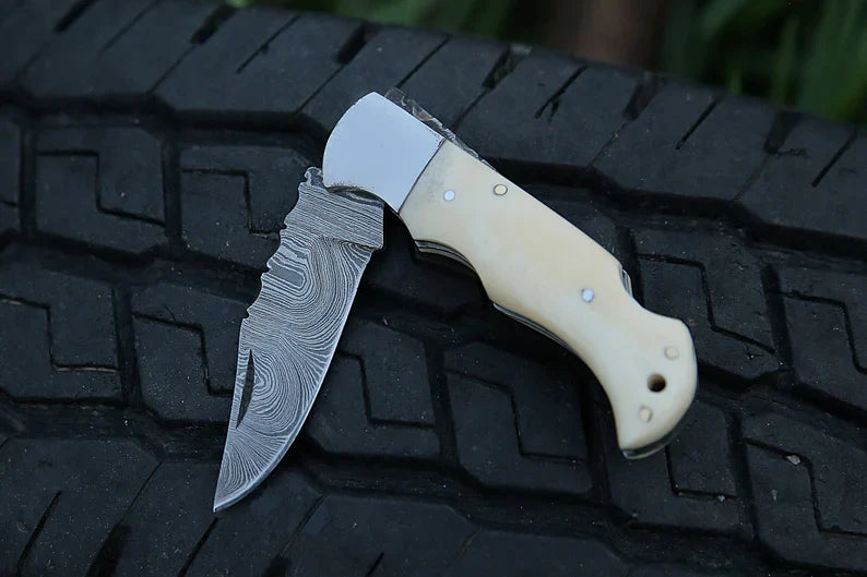 Custom Handmade Bone Handle Pocket Knife – 7” Damascus Steel Blade with Camel Bone Handle & Steel Bolster, Leather Sheath