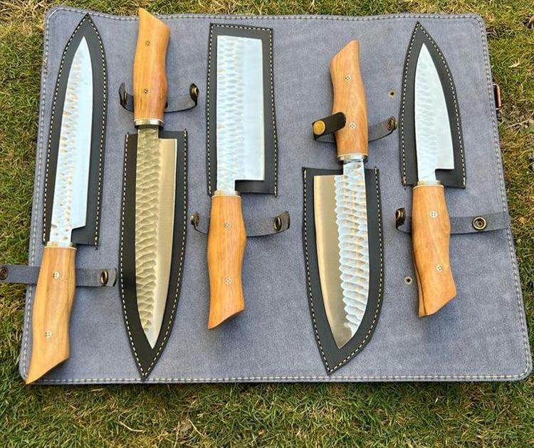 D2 Steel Forged Blades Kitchen Knife Set - Hidden Tang Stainless Clip Natural Wood Handles with Mosaic Pins and Cone Leather Sheaths