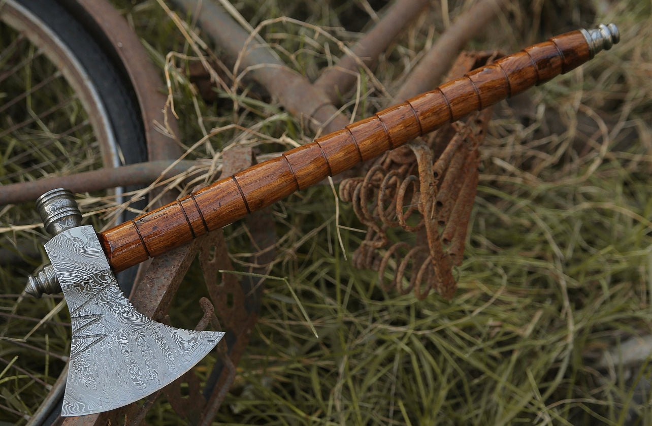 Damascus Hunting axe rose wood handle with leather sheath,