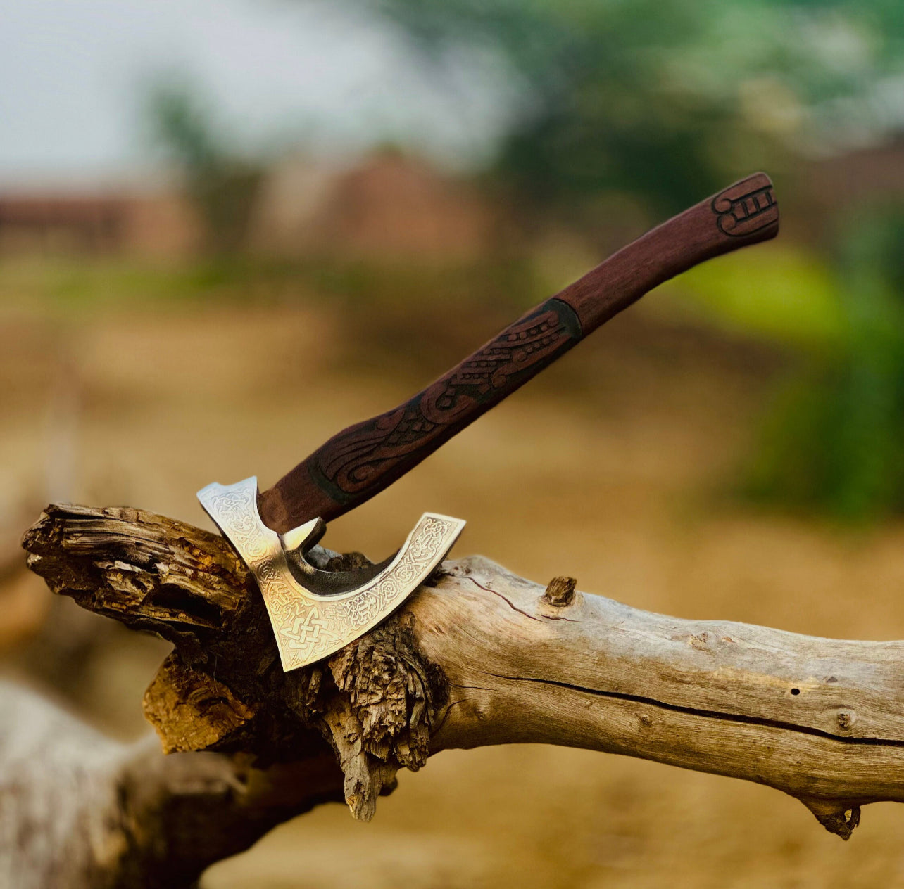 Custom Handmade Engraved Viking Axe with D2 Steel Blades & Rose Wood Handle – Includes Leather Sheath