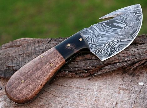 CUSTOM HANDMADE DAMASCUS GUTHOOK HUNTING KNIFE HANDLE Guard Buffalo horn OLIVE WOOD