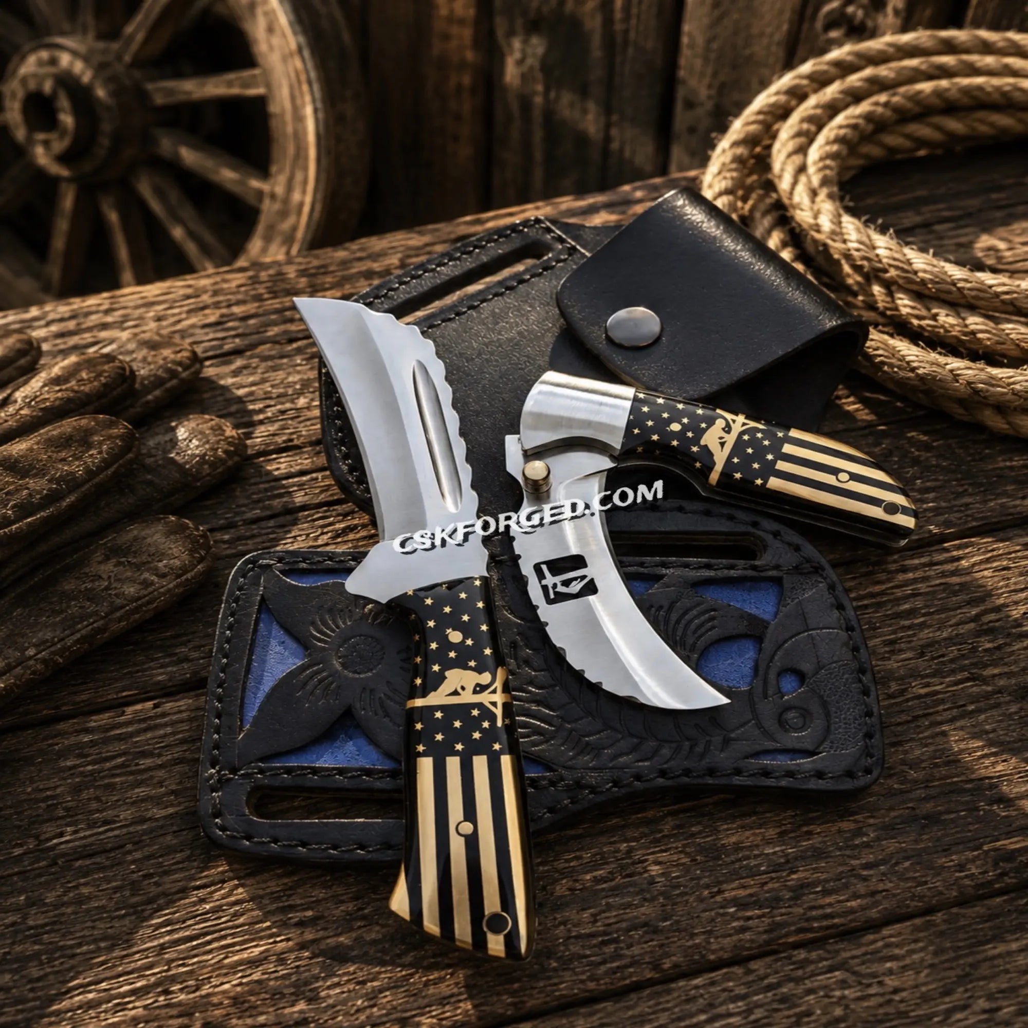 Lineman Knife Set – D2 Steel Hawkbill & Folding Flag Handle
