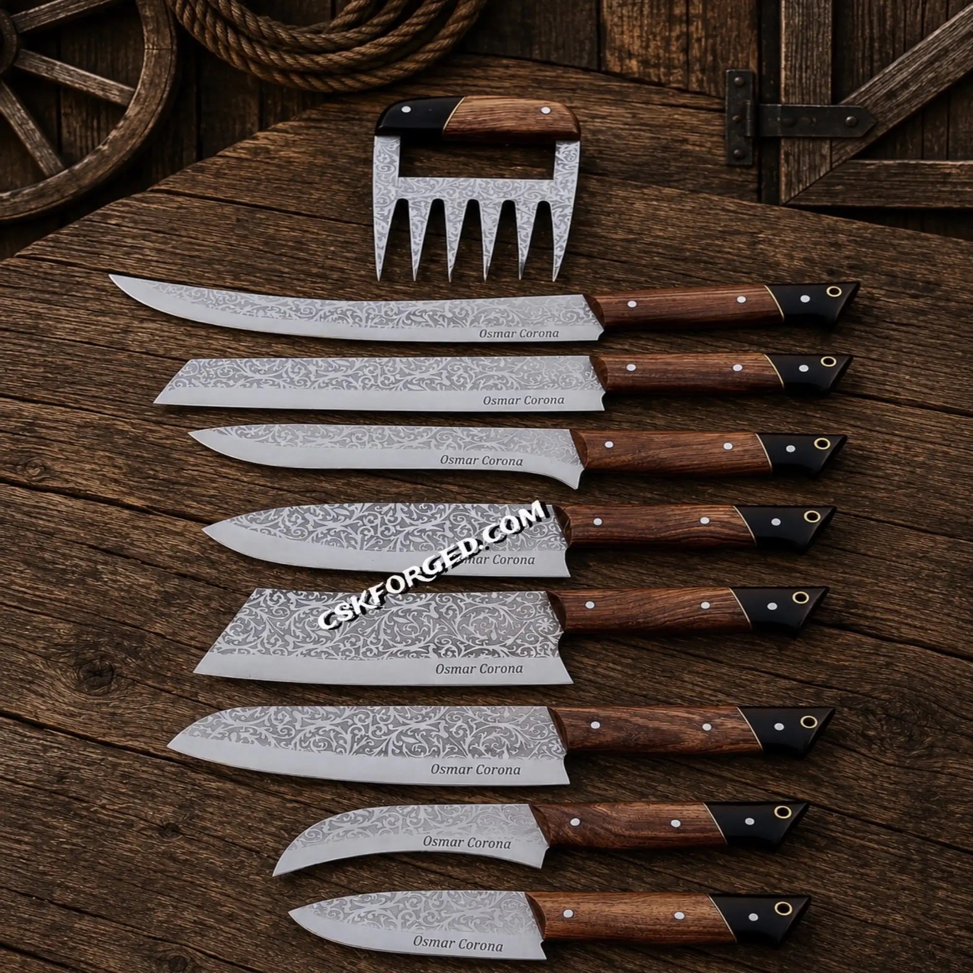 Royal Brown BBQ Chef Knife Set | Handmade D2 Etched Steel Kitchen Collection