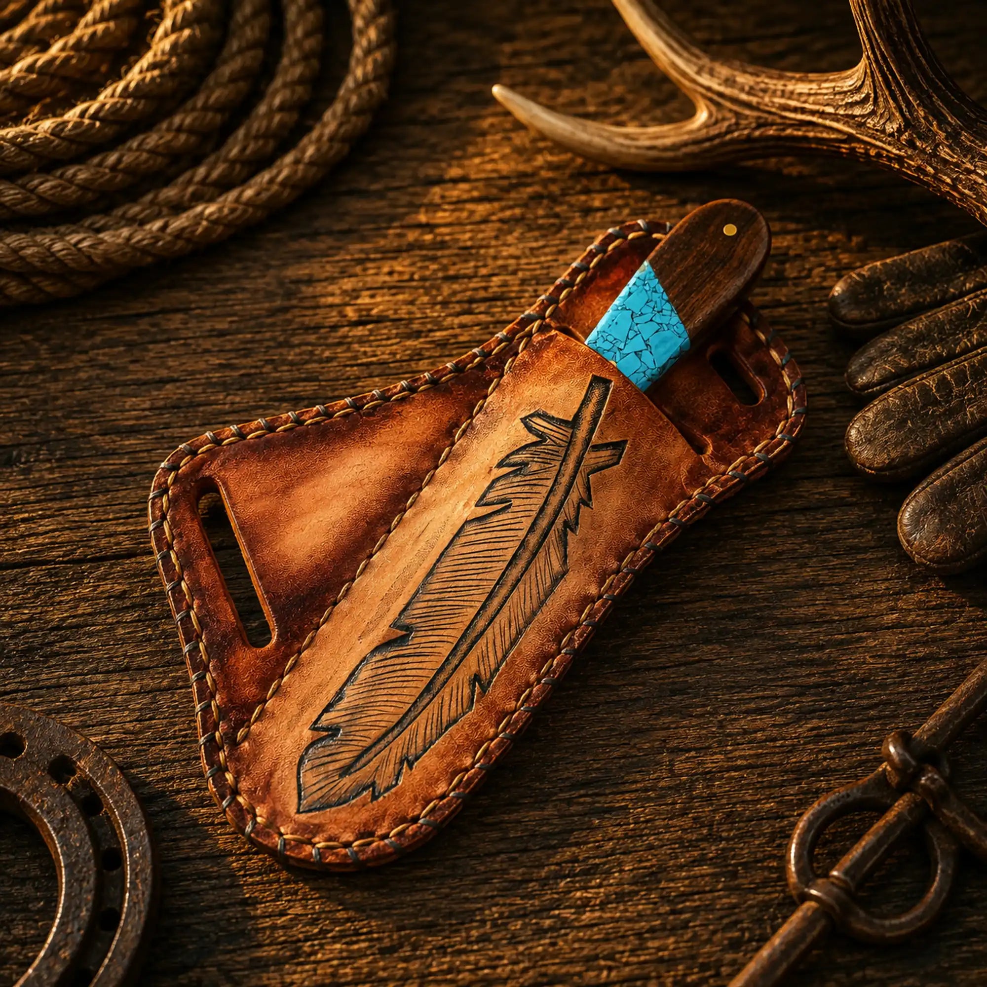 Horse Riding Bull Cutter Knife – 4" Forged Rasp Steel with Turquoise & Rosewood Handle