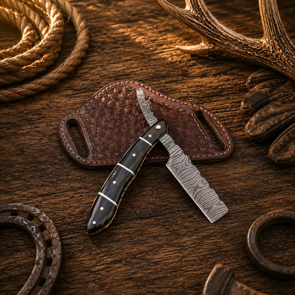 Handmade Damascus Steel Straight Razor Folding Knife – Buffalo Horn Handle
