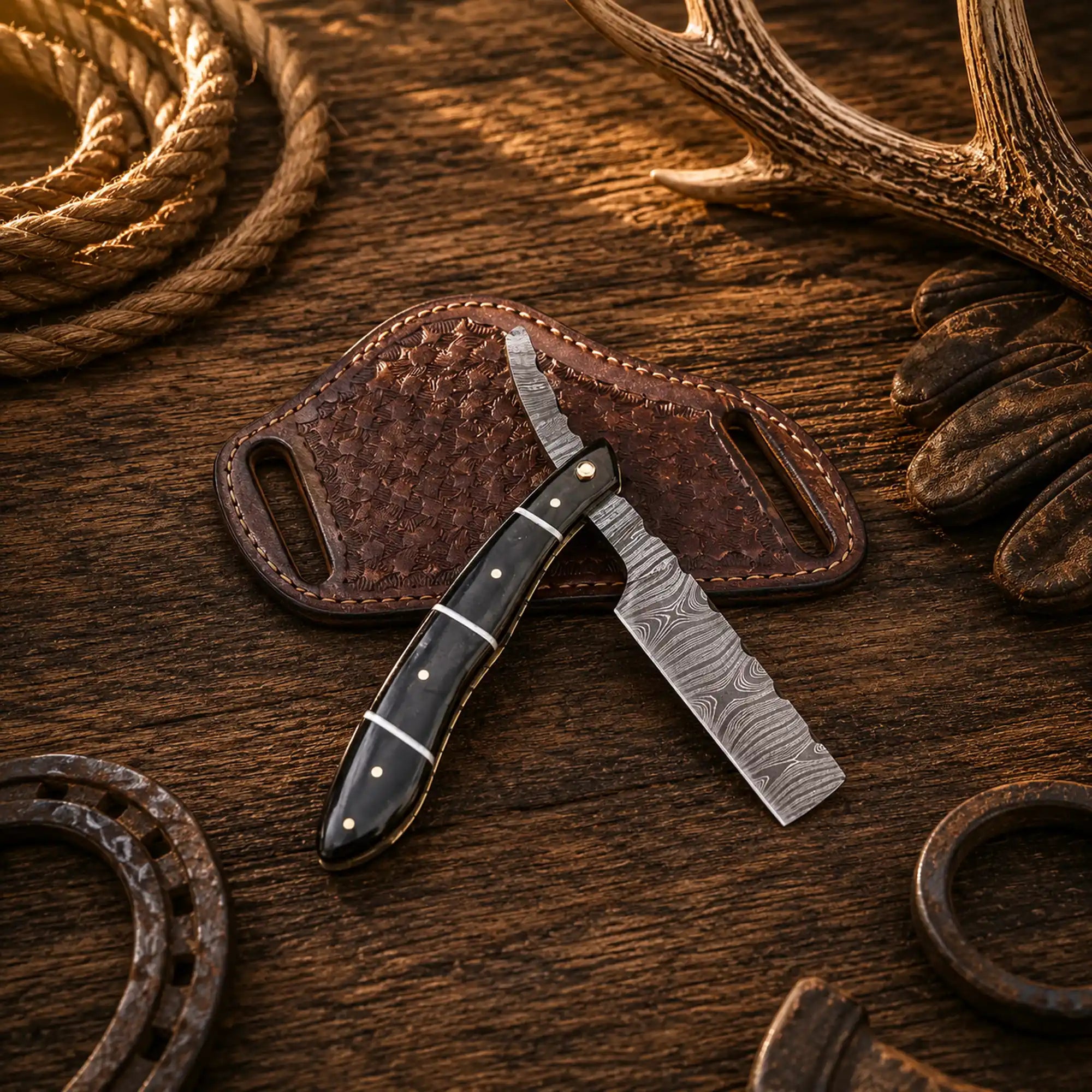Handmade Damascus Steel Straight Razor Folding Knife – Buffalo Horn Handle
