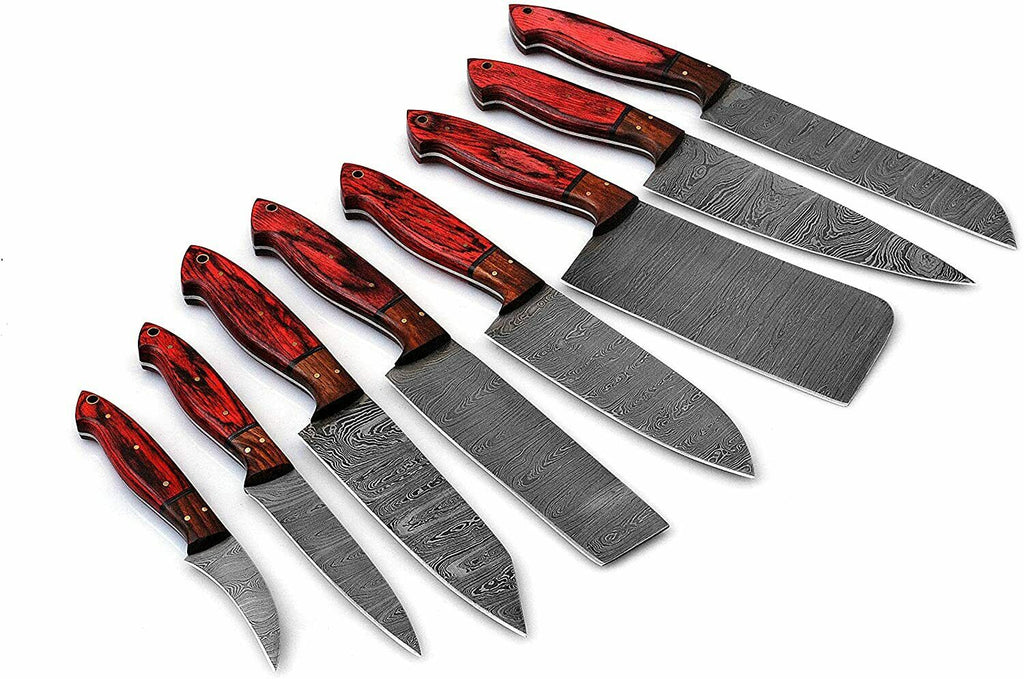 Custom Handmade Damascus Kitchen Knives Set - Exquisite Twisted Pattern, Exotic Wood Handle, Leather Roll Kit
